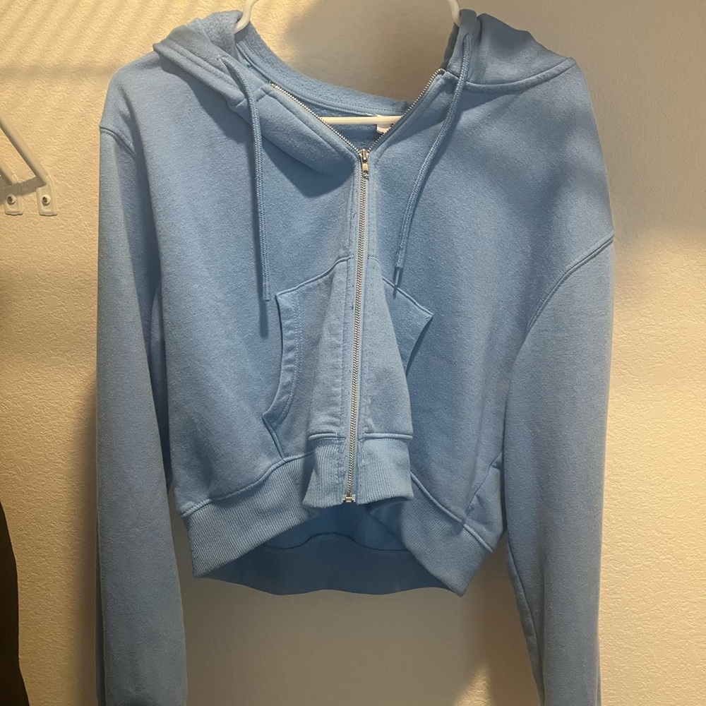 blue cropped zip-up